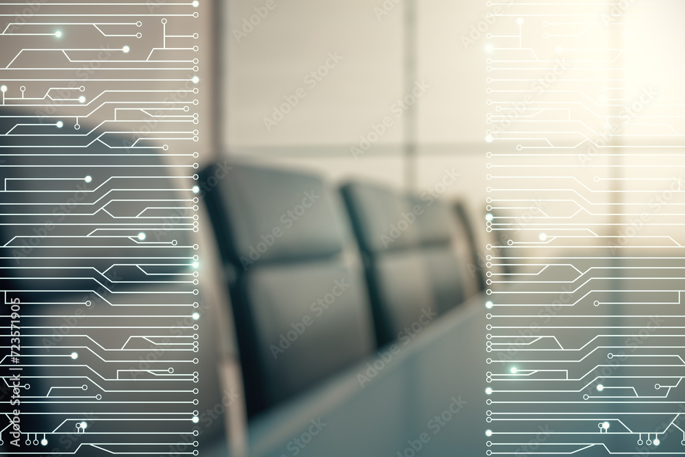 Aufkleber double exposure of abstract virtual circuit hologram on a modern meeting room background. research a