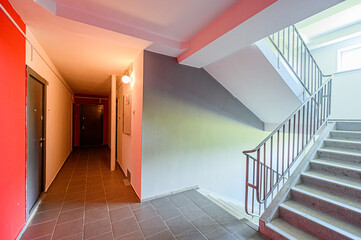 interior public place, house entrance. doors, walls, corridors staircase stairs, steps