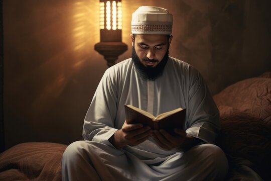 A Muslim Man in a White Turban Sits and Reads from the Quran