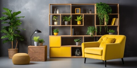 Stylishly staged Scandinavian open space with a yellow velvet sofa, plants, furniture, books, wooden cube, and personal touches.