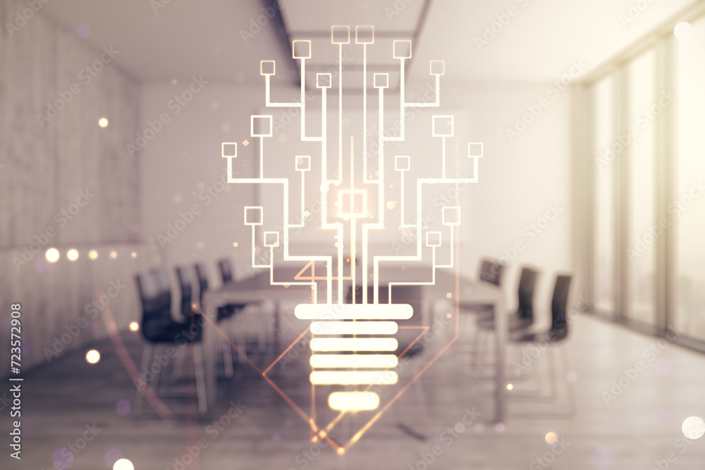 Poster double exposure of virtual creative light bulb hologram with chip on a modern meeting room backgroun