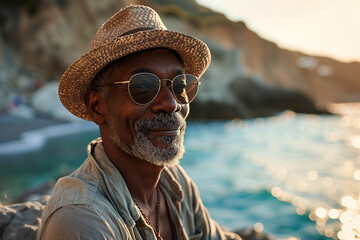 Summer vacation lifestyle. African American senior man wearing a straw hat and sunglasses relaxing on the seashore on a sunny day