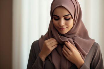 A woman in a hijab adjusting her scarf