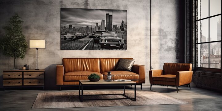 Industrial loft apartment featuring a mock up poster, brown sofa, black stripes commode, coffee table, grey rug, and lamp.