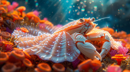Couture crab in a shell-inspired gown, wearing coral accessories, against an underwater paradise backdrop, lit with iridescent glow, emanating aquatic elegance and allure