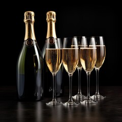 Bubbly champagne glasses lined up on a table