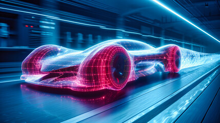 Futuristic car design and technology, modern light concept in tunnel, fast motion and dynamic automotive background