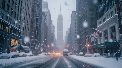 Snowfall in the City Streets - obrazy, fototapety, plakaty