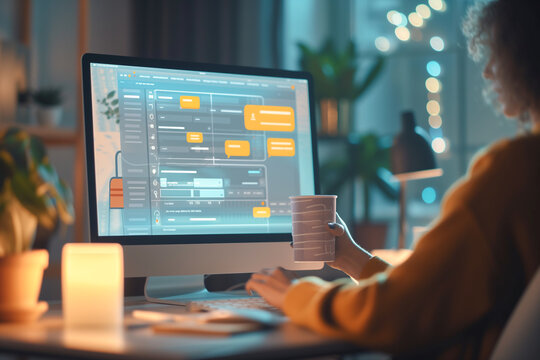 professional works on a laptop with a futuristic, holographic interface projected in front of them