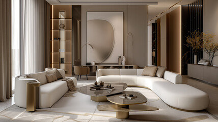 stylish living room bathed in natural light, featuring contemporary curved furniture