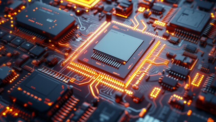 Obraz premium Central Computer Processors and CPU mockup 3d render for quantum computing, data and graphics. Neon, blue and futuristic gpu chip design closeup for online business, microchip and science engineer