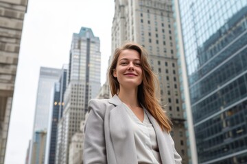 A young businesswoman stands in an urban setting and thinks of business opportunities.