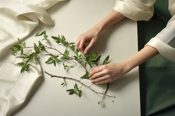 A woman's hands holding greenery and herbs, arranged artfully on a table
