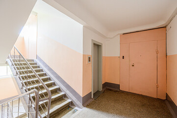 interior public place, house entrance. doors, walls, corridors staircase stairs, steps