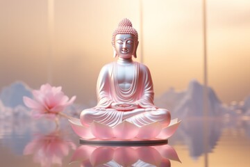 The translucent kind Buddha with a transparent light pink glass lotus, a light golden gradient minimalist background, the unique reflected light
