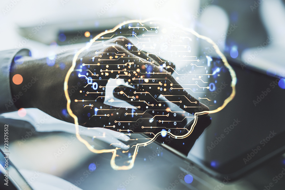 Poster double exposure of creative human brain microcircuit and hand working with a digital tablet on backg