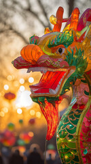 Colorful bright glowing dragon head and Lantern during the Chinese new year parade. Lantern festival