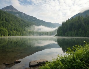 A tranquil lakeside scene with mist rising from the water, surrounded by lush forests and mountains in the distance, providing an idyllic backdrop for eco-friendly or outdoor adventure gear