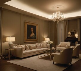 An understated, elegant setting with muted colors and minimalist décor, projecting an image of refined luxury and timeless style