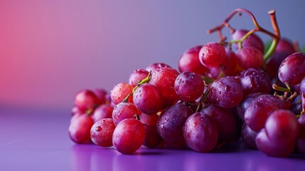 Fototapeta premium Fresh Red Grapes with Water Droplets on Purple Background, Close-Up View