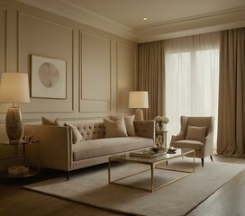 An understated, elegant setting with muted colors and minimalist décor, projecting an image of refined luxury and timeless style