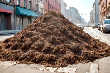 A large pile of manure blocked the city street. Farmers' protest - obrazy, fototapety, plakaty