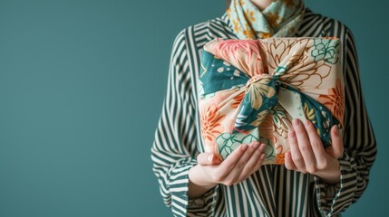 A gift wrapped in a patterned cloth in the traditional Japanese furoshiki style.