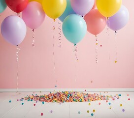 A bright, playful setting filled with pastel colors and whimsical elements like balloons or confetti