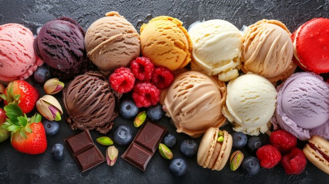 Various ice cream scoops in bowls with fruits and macarons on a dark surface, refreshing sweet summer dessert