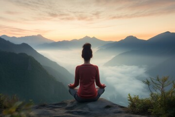 Young woman is meditating at the edge of the mountain - obrazy, fototapety, plakaty