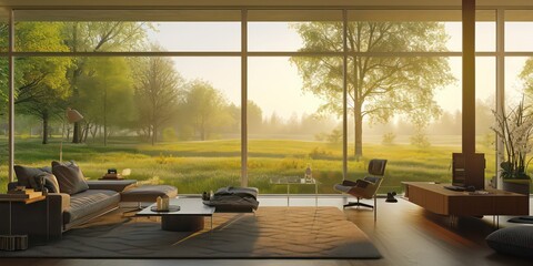Modern living room flooded with soft, springtime light, where large windows open to a picturesque meadow surrounding the home. - Powered by Adobe
