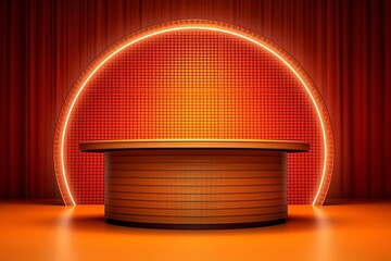 Modern presentation stage enveloped in a warm neon glow, creating an inviting atmosphere for events that demand a touch of sophistication and futuristic appeal