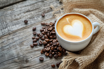 Coffee cup with heart shape latte art and coffee beans on old wood background with copy space