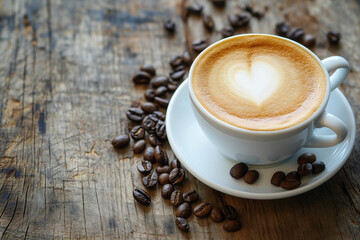 Coffee cup with heart shape latte art and coffee beans on old wood background with copy space