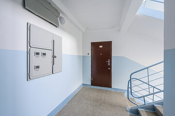 interior public place, house entrance. doors, walls, corridors staircase