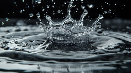 Water splash crown on dark reflective surface.