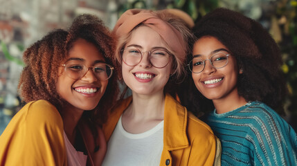 Fototapeta premium Three friends smiling together, close bond.