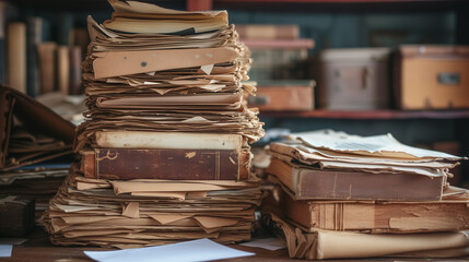 High stacks of aged paper and files. - obrazy, fototapety, plakaty