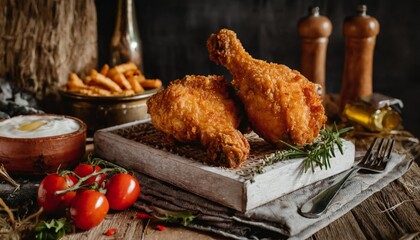 Generated image product shot of a juicy fried chicken drum stick , artisan, rustic, food photography, delicious, close up shot