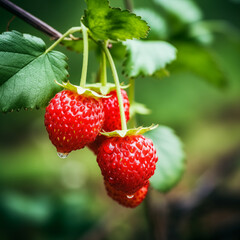 close-up of a fresh ripe forest strawberries hang on branch tree. autumn farm harvest and urban gardening concept with natural green foliage garden at the background. selective focus