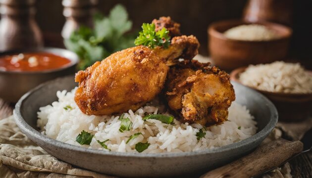 Generated image product shot of a juicy fried chicken with rice, artisan, rustic, food photography, delicious, close up shot