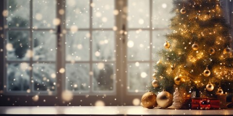 Decorated window and blurred Christmas tree with table space