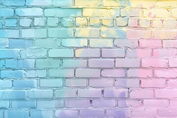 A full-frame image of a brick wall painted in a soft pastel rainbow gradient, ideal for backgrounds with a touch of color