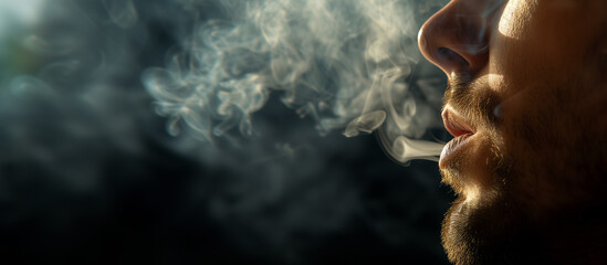 Man exhaling a stream of smoke, close-up.