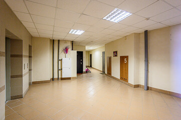 interior public place, house entrance. doors, walls, corridors staircase