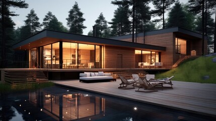 Fototapeta na wymiar Minimalist resort style wooden house. Generative Ai