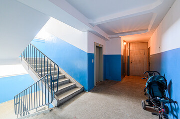 interior public place, house entrance. doors, walls, corridors staircase stairs, steps