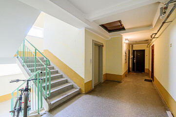 interior public place, house entrance. doors, walls, corridors staircase stairs, steps