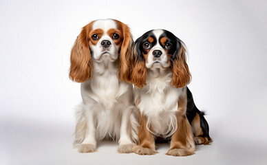 adult dog Cavalier King Charles Spaniel and Cavalier King Charles Spaniel on a light background