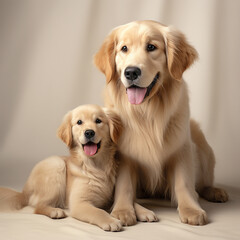 adult golden retriever dog and golden retriever puppy on a light background